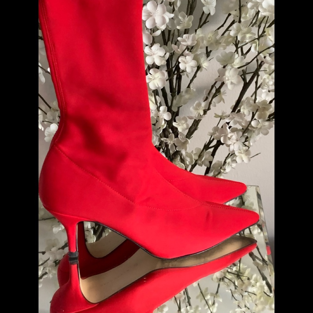 🔥Worn Once!! Red Zara Kitten Heel Sock Style Boot